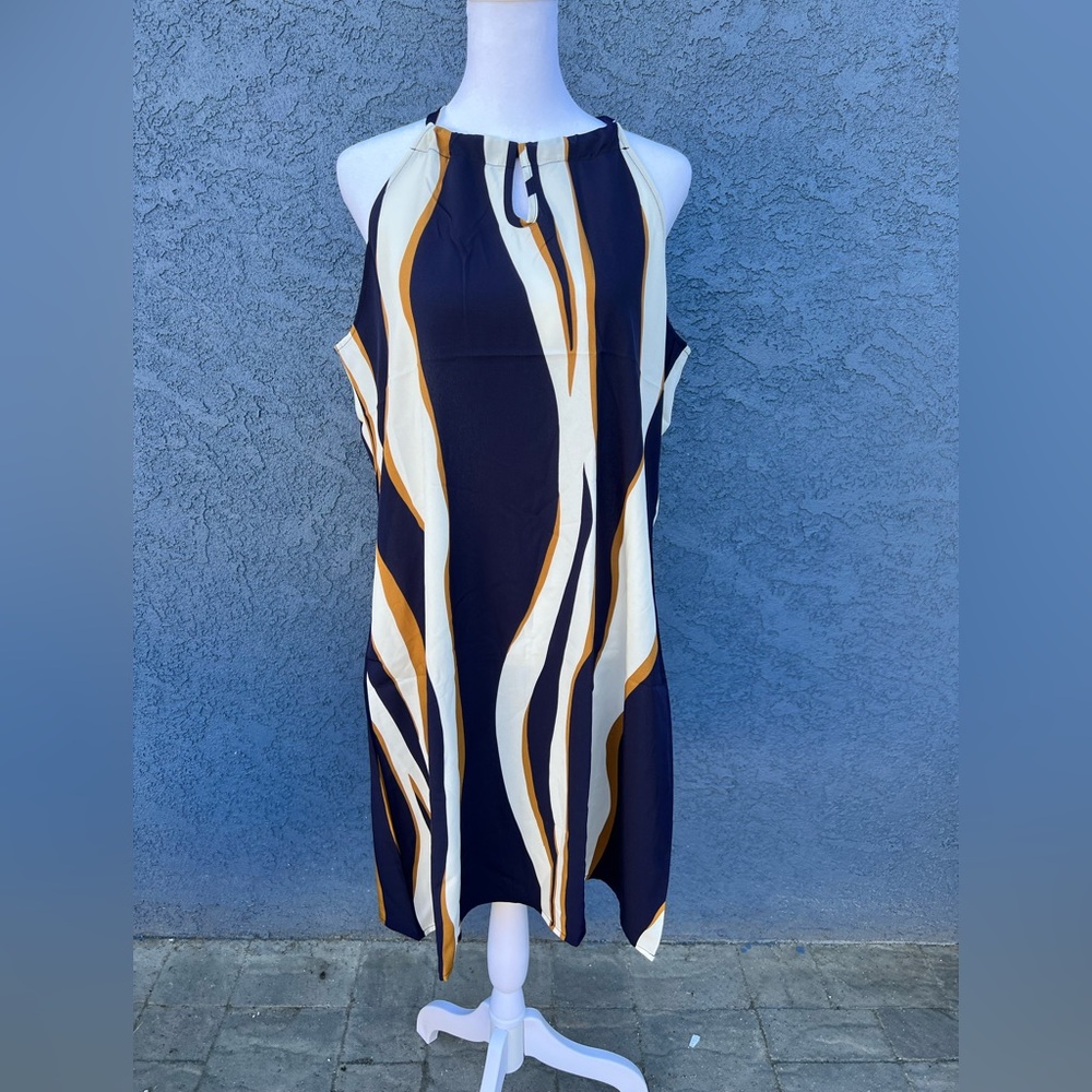 Blue and White Sheath Dress with Halter Neckline